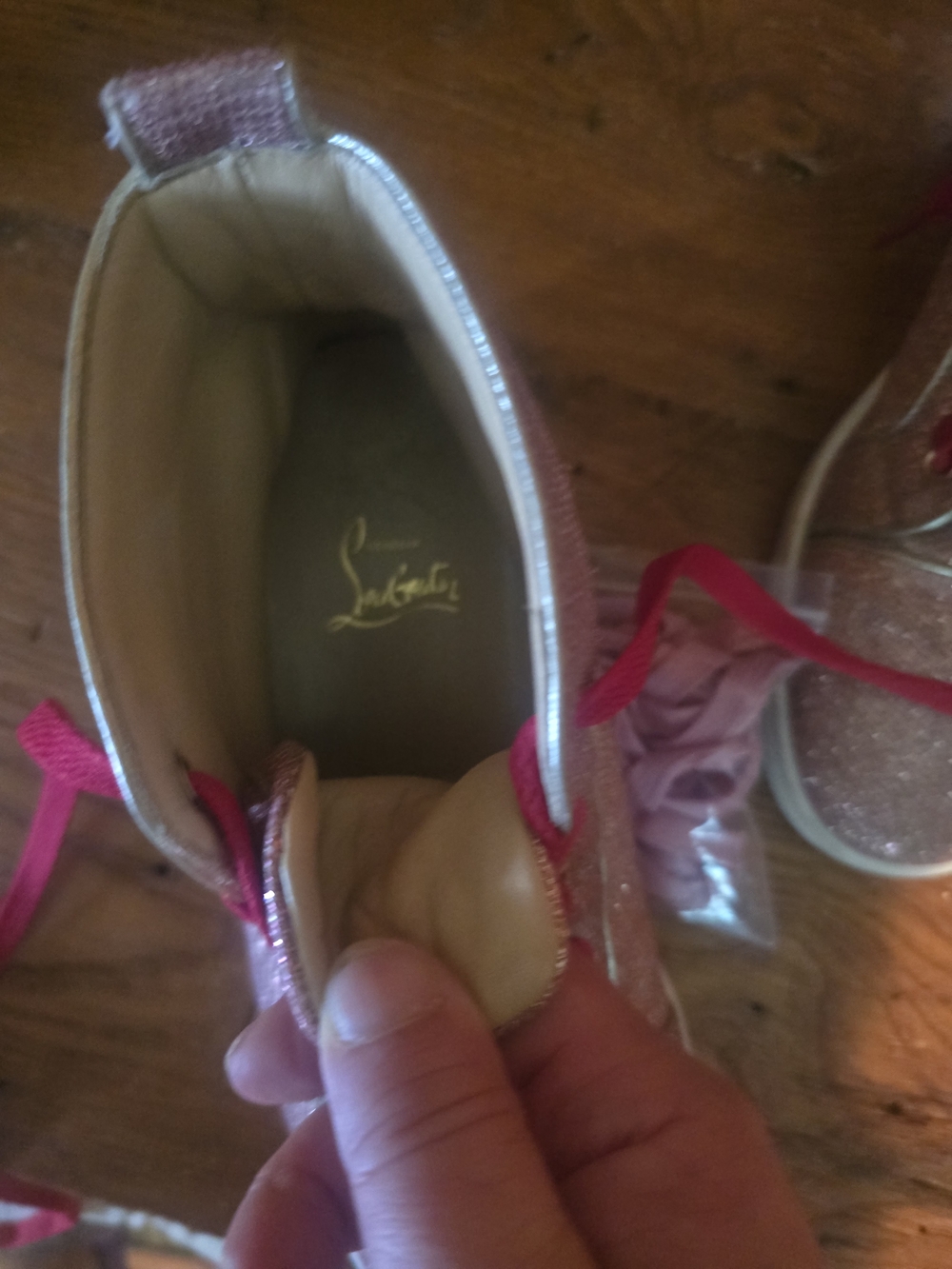 Christian Louboutin Sparkly Pink High Top Sneakers with Hot Pink Laces - Picture 13 of 16
